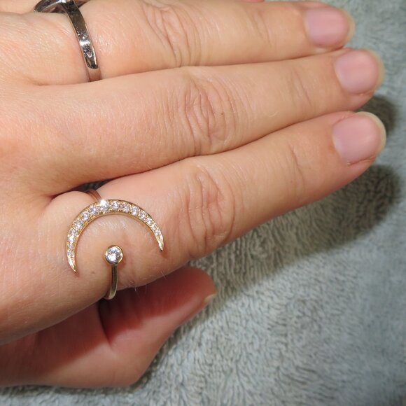 Half Moon Crescent Diamond White Sapphire 14K Yellow Gold Ring Ring - Picture 8 of 17